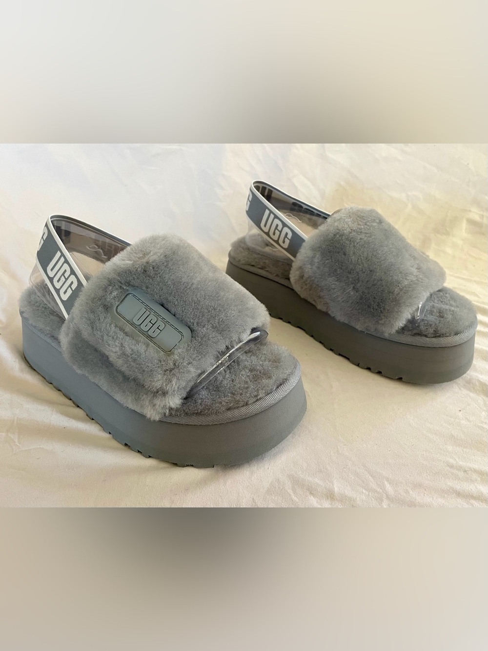 UGG Disco Slide Gray Plush Platform Slippers| NIB| size 6